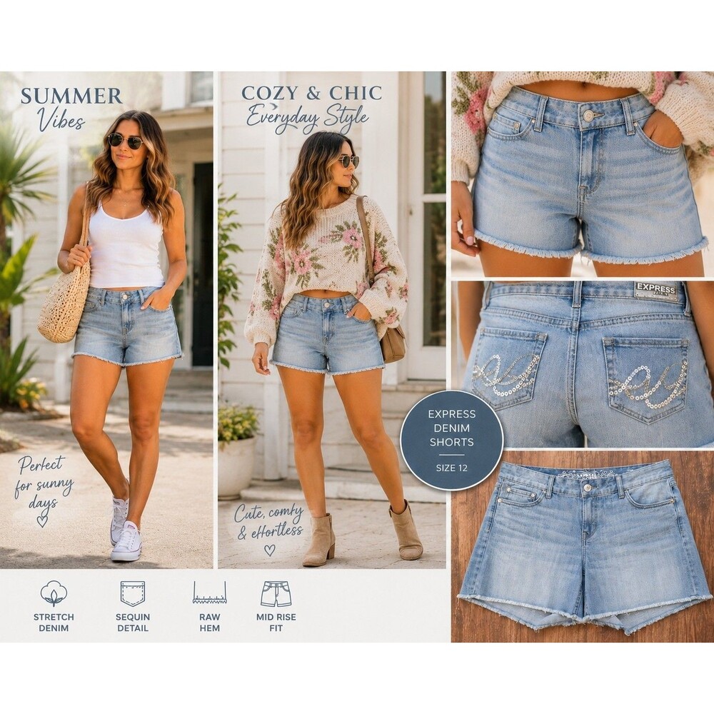 Y2K Express Women Size 12 Denim Cut Off Shorts Frayed Raw Hem Stretch Bling Cute